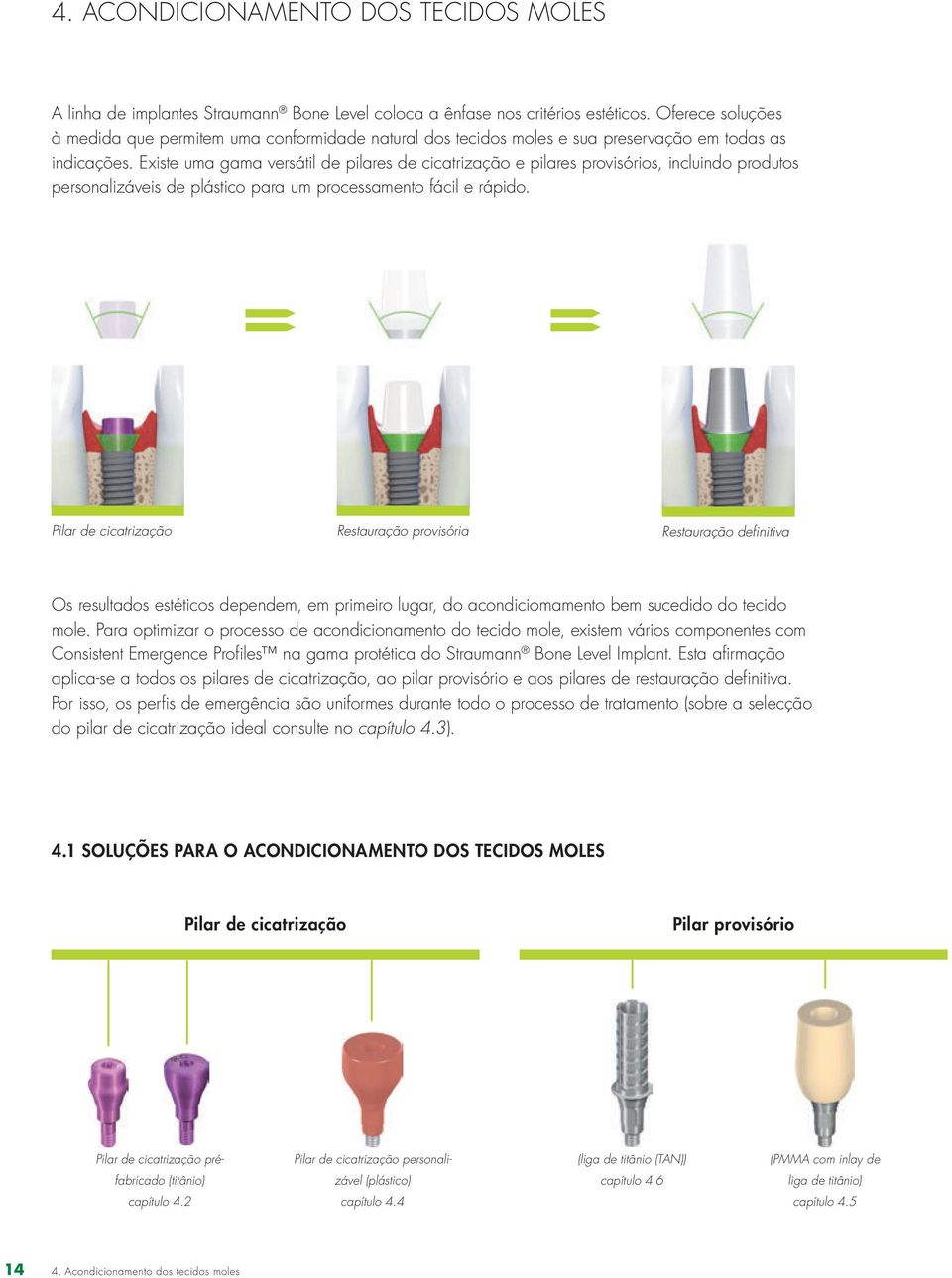 Existe uma gama versátil de pilares de cicatrização e pilares provisórios, incluindo produtos personalizáveis de plástico para um processamento fácil e rápido.