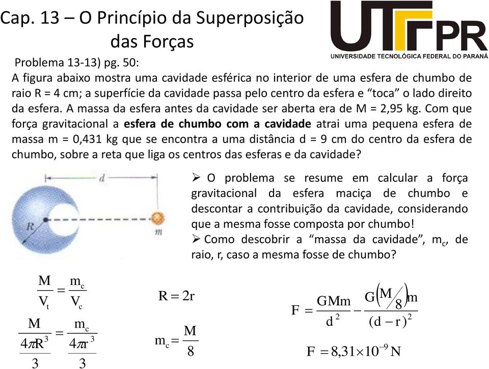 A massa da esfea antes da cavidade se abeta ea de M =,95 kg.