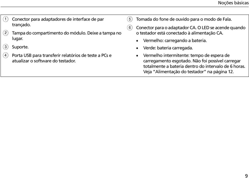 Conector para o adaptador CA. O LED se acende quando o testador está conectado à alimentação CA. Vermelho: carregando a bateria. Verde: bateria carregada.