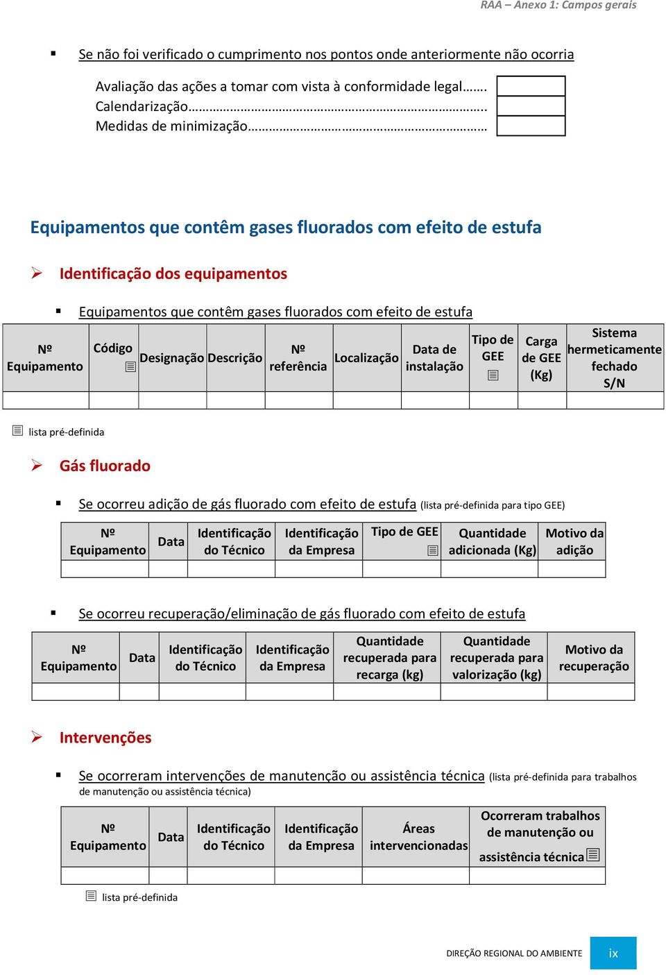 Designação Descrição Nº referência Localização Data de instalação Tipo de GEE Carga de GEE (Kg) Sistema hermeticamente fechado S/N lista pré-definida Gás fluorado Se ocorreu adição de gás fluorado