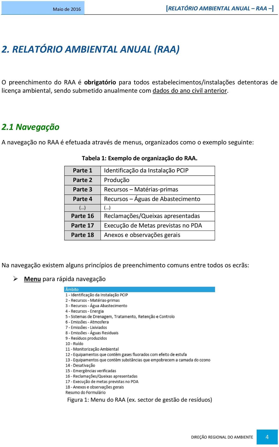 anterior. 2.1 Navegação A navegação no RAA é efetuada através de menus, organizados como o exemplo seguinte: Tabela 1: Exemplo de organização do RAA.