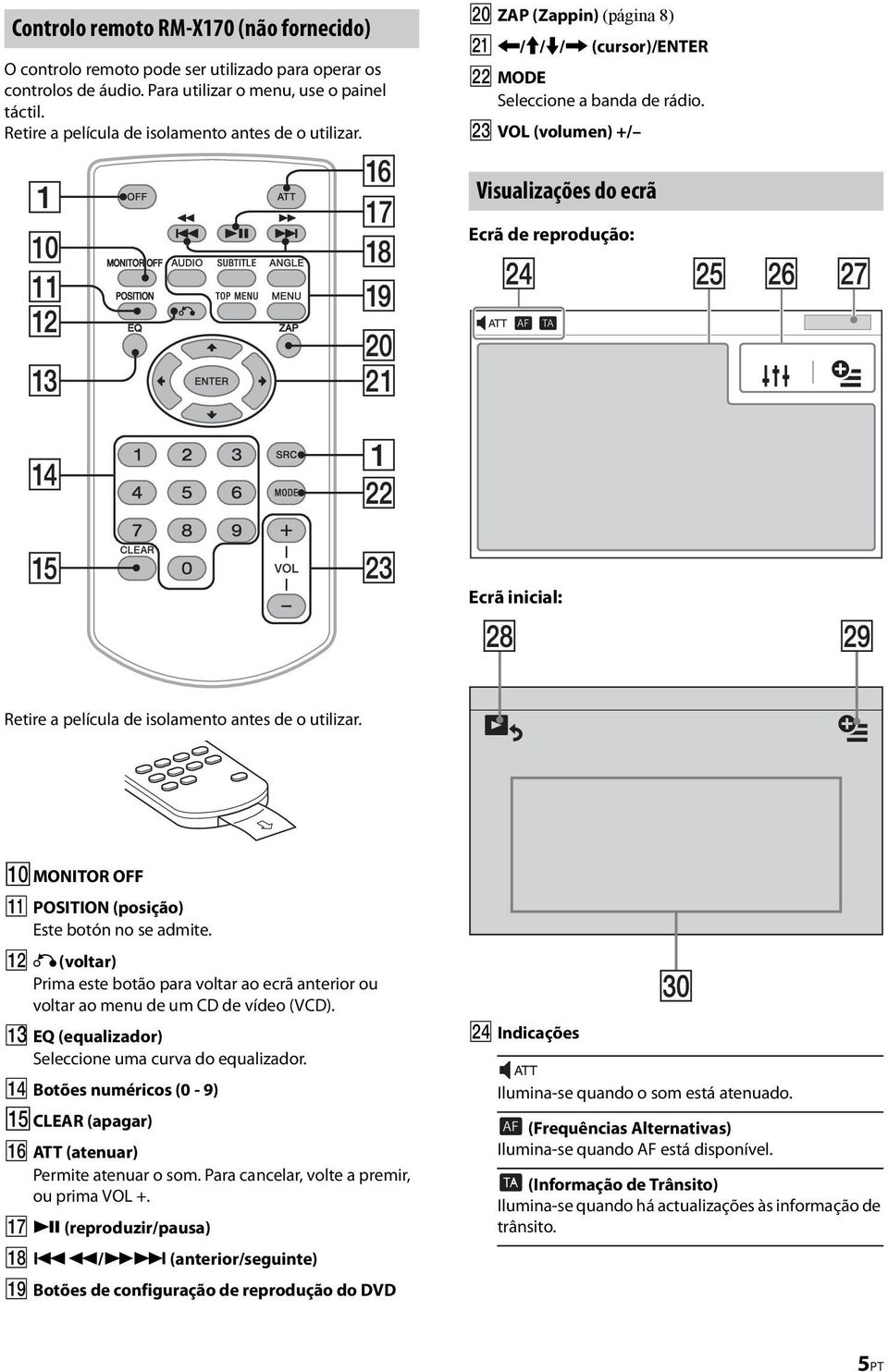 wd VOL (volumen) +/ Visualizações do ecrã Ecrã de reprodução: Ecrã inicial: Retire a película de isolamento antes de o utilizar. 0MONITOR OFF qz POSITION (posição) Este botón no se admite.