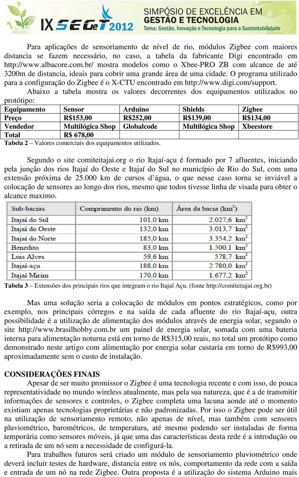 Abaixo a tabela mostra os valores decorrentes dos equipamentos utilizados no protótipo: Equipamento Preço Vendedor Total Sensor R$153,00 Multilógica Shop R$ 678,00 Arduino R$252,00 Globalcode Shields