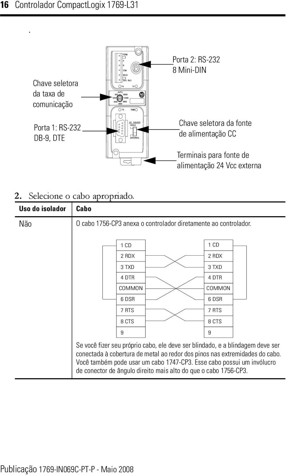 externa 2. Selecione o cabo apropriado. Uso do isolador Cabo Não O cabo 1756-CP3 anexa o controlador diretamente ao controlador.