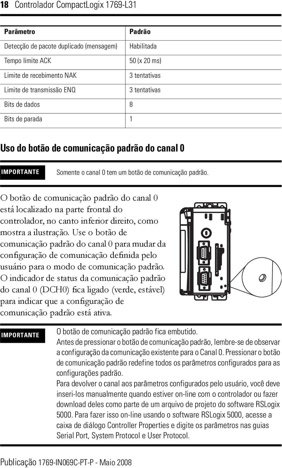 O botão de comunicação padrão do canal 0 está localizado na parte frontal do controlador, no canto inferior direito, como mostra a ilustração.