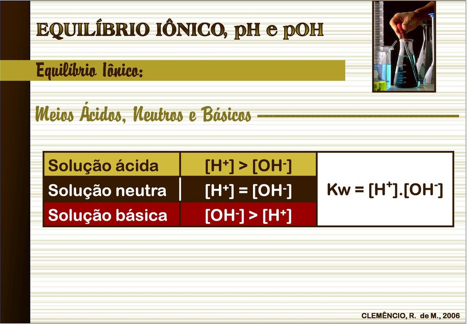 Solução ácida [H + ] > [OH - ] Solução neutra