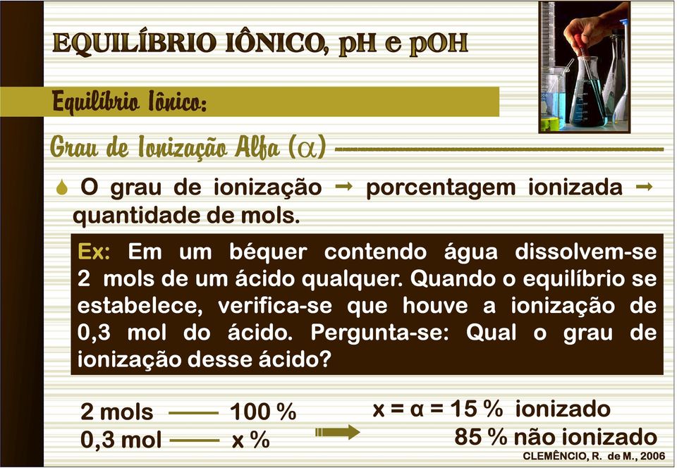 Quando o equilíbrio se estabelece, verifica-se que houve a ionização de 0,3 mol do ácido.