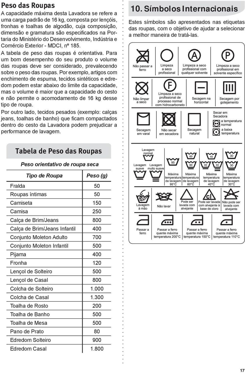 Para um bom desempenho do seu produto o volume das roupas deve ser considerado, prevalecendo sobre o peso das roupas.