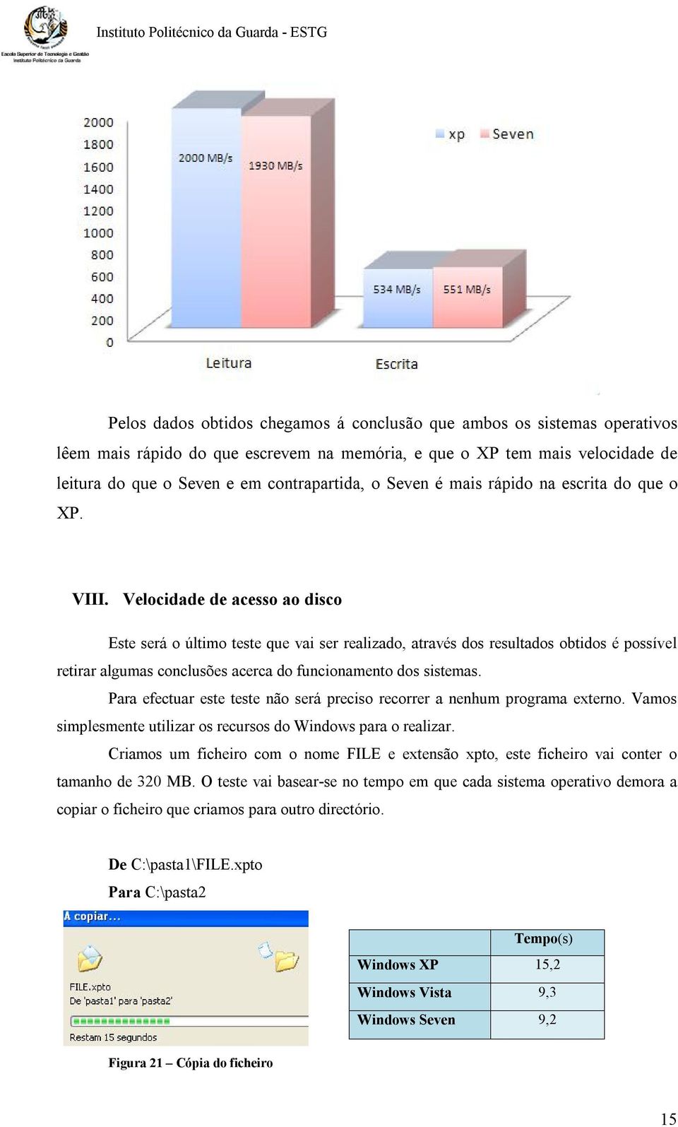 Velocidade de acesso ao disco Este será o último teste que vai ser realizado, através dos resultados obtidos é possível retirar algumas conclusões acerca do funcionamento dos sistemas.