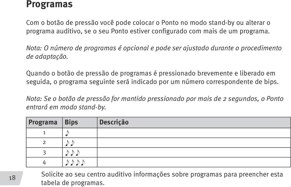 Quando o botão de pressão de programas é pressionado brevemente e liberado em seguida, o programa seguinte será indicado por um número correspondente de bips.