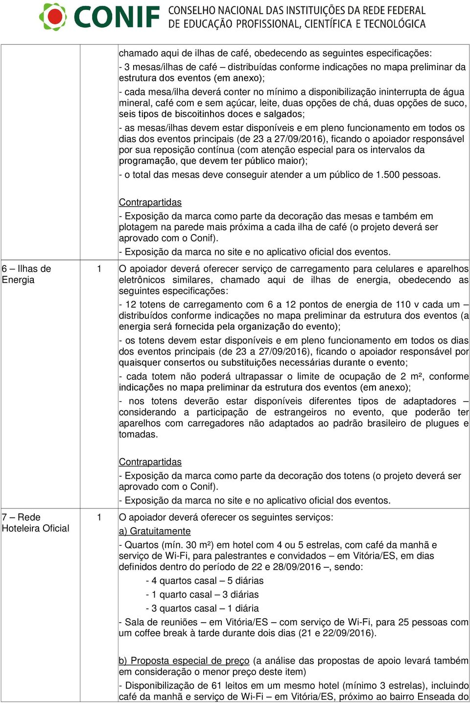 - as mesas/ilhas devem estar disponíveis e em pleno funcionamento em todos os dias dos eventos principais (de 23 a 27/09/2016), ficando o apoiador responsável por sua reposição contínua (com atenção