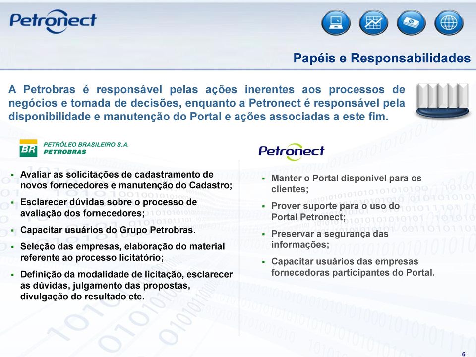 Avaliar as solicitações de cadastramento de novos fornecedores e manutenção do Cadastro; Esclarecer dúvidas sobre o processo de avaliação dos fornecedores; Capacitar usuários do Grupo Petrobras.