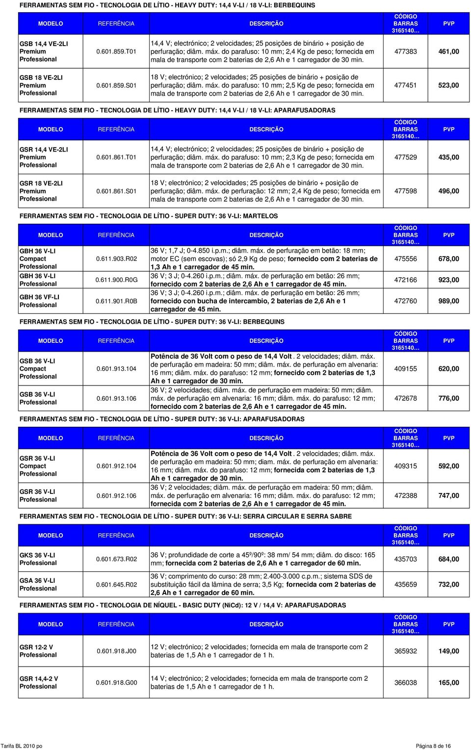 do parafuso: 10 mm; 2,4 Kg de peso; fornecida em mala de transporte com 2 baterias de 2,6 Ah e 1 carregador de 30 477383 461,00 GSB 18 VE-2LI 0.601.859.