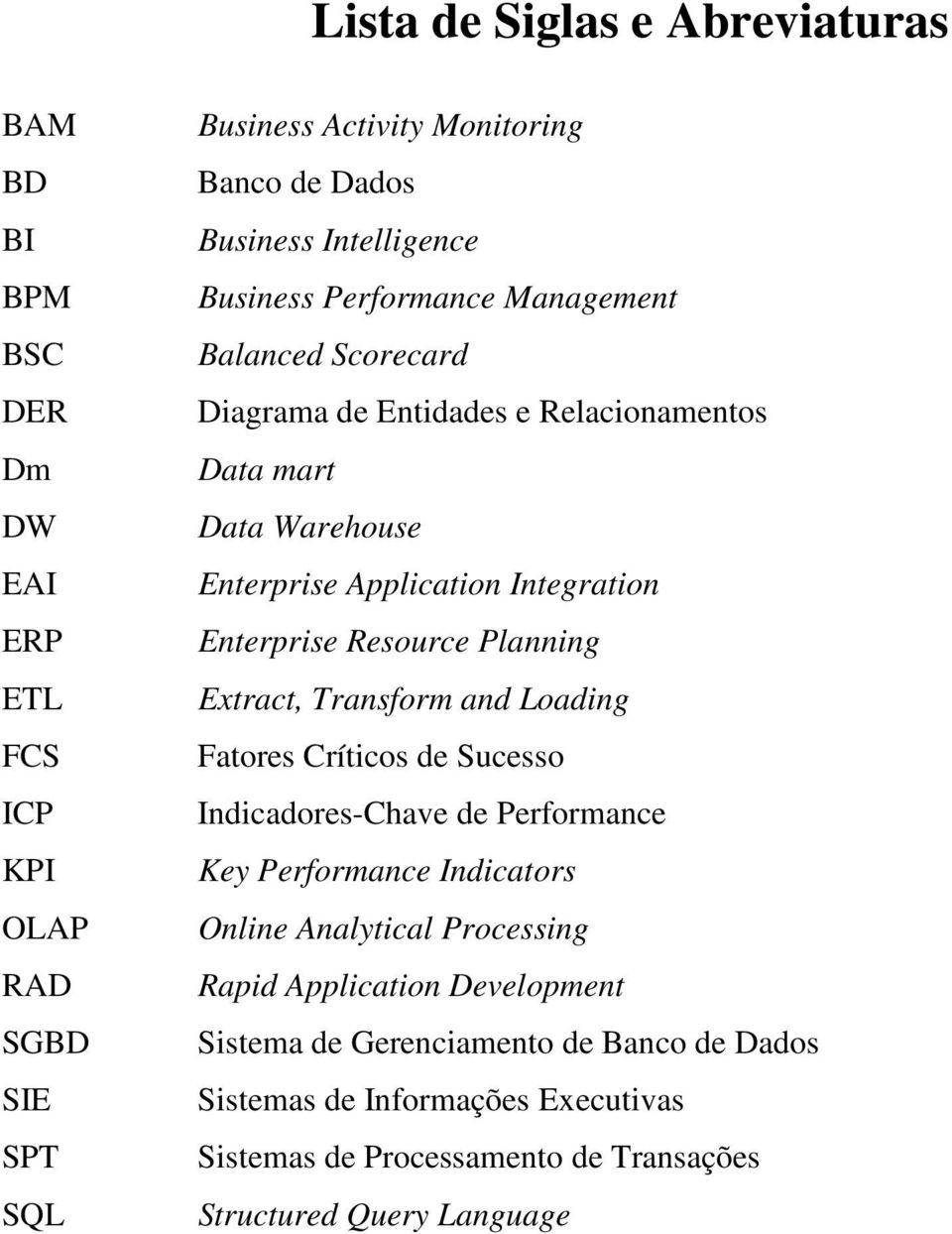 Enterprise Resource Planning Extract, Transform and Loading Fatores Críticos de Sucesso Indicadores-Chave de Performance Key Performance Indicators Online Analytical