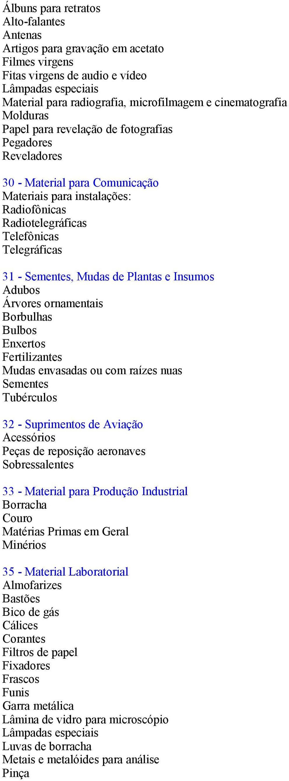 Mudas de Plantas e Insumos Adubos Árvores ornamentais Borbulhas Bulbos Enxertos Fertilizantes Mudas envasadas ou com raízes nuas Sementes Tubérculos 32 - Suprimentos de Aviação Acessórios Peças de