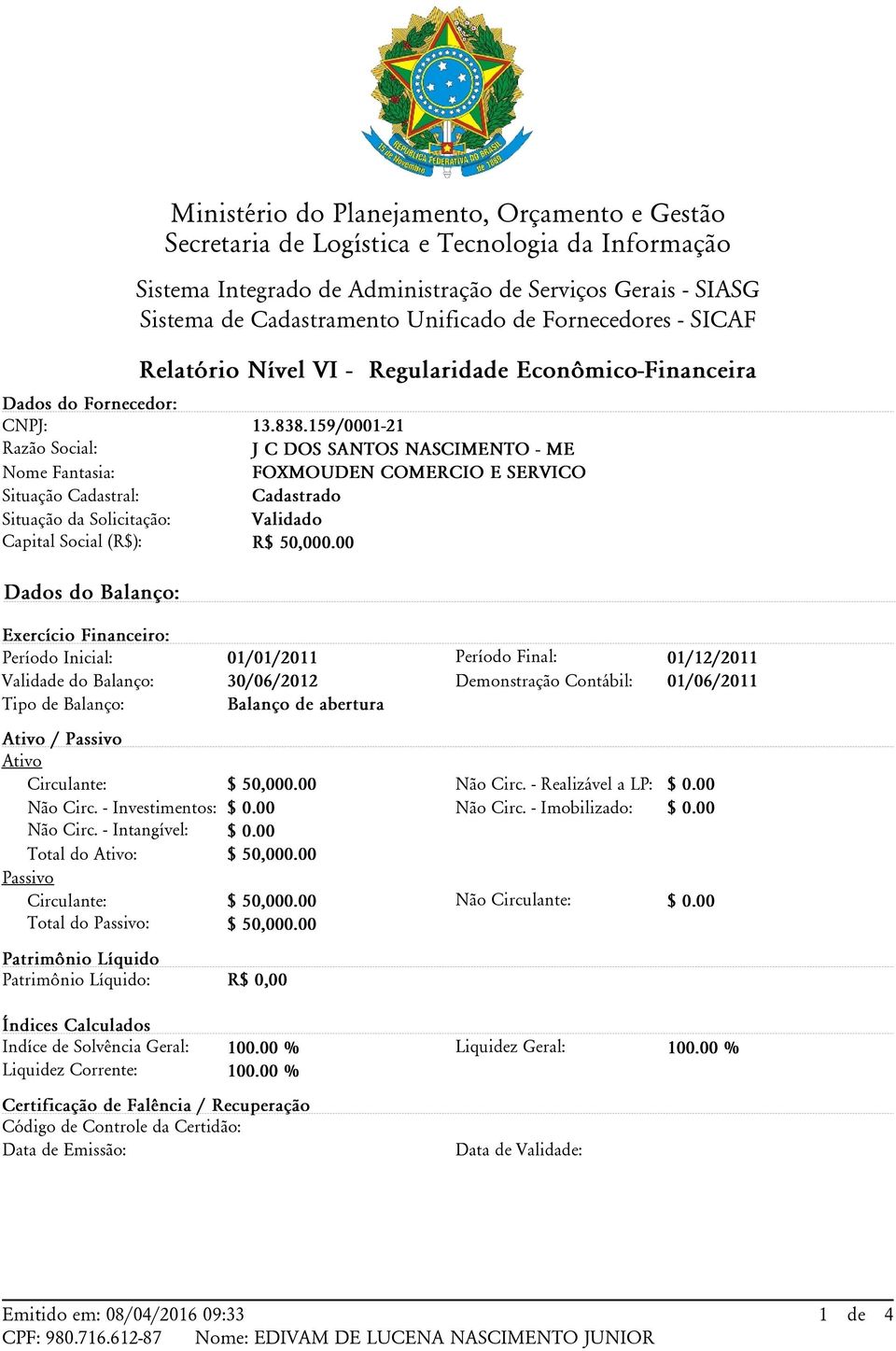 Econômico-Financeira 13.838.159/0001-21 J C DOS SANTOS NASCIMENTO - ME FOXMOUDEN COMERCIO E SERVICO Cadastrado Validado R$ 50,000.