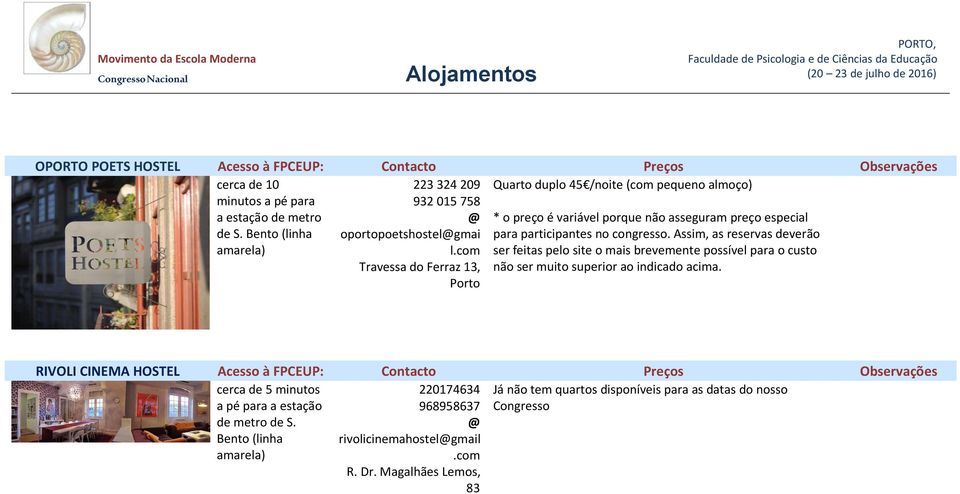 com Travessa do Ferraz 13, Porto * o preço é variável porque não asseguram preço especial para participantes no congresso.