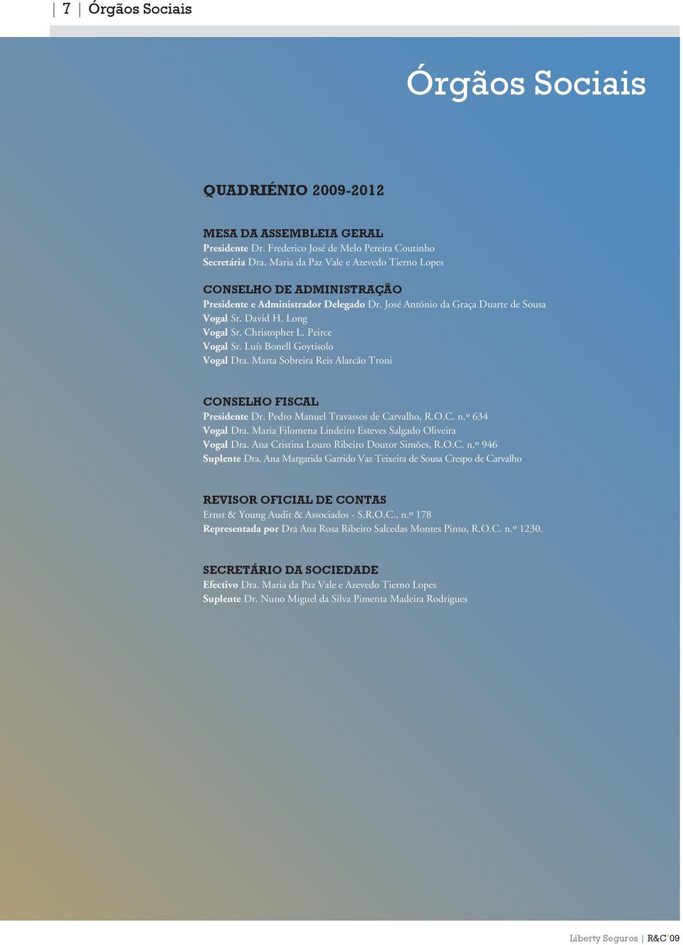 Peirce Vogal Sr. Luís Bonell Goytisolo Vogal Dra. Marta Sobreira Reis Alarcão Troni Conselho Fiscal Presidente Dr. Pedro Manuel Travassos de Carvalho, R.O.C. n.º 634 Vogal Dra.