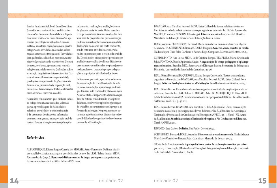 ); oralização do texto escrito (leitura de texto, recitação, apresentação teatral); relações entre fala e escrita (reflexões sobre a variação linguística e interseção entre fala e escrita em