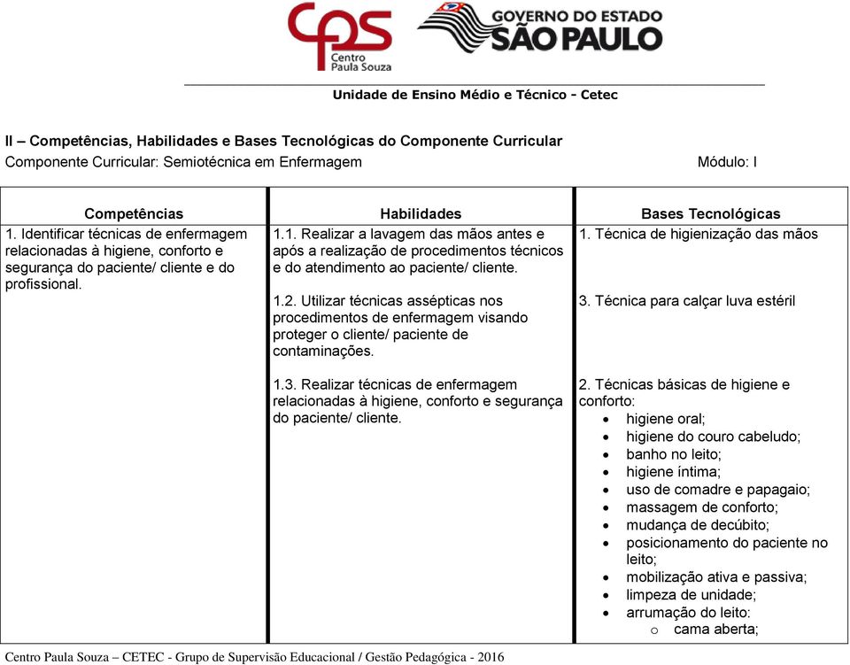 1.2. Utilizar técnicas assépticas nos procedimentos de enfermagem visando proteger o cliente/ paciente de contaminações. 3.