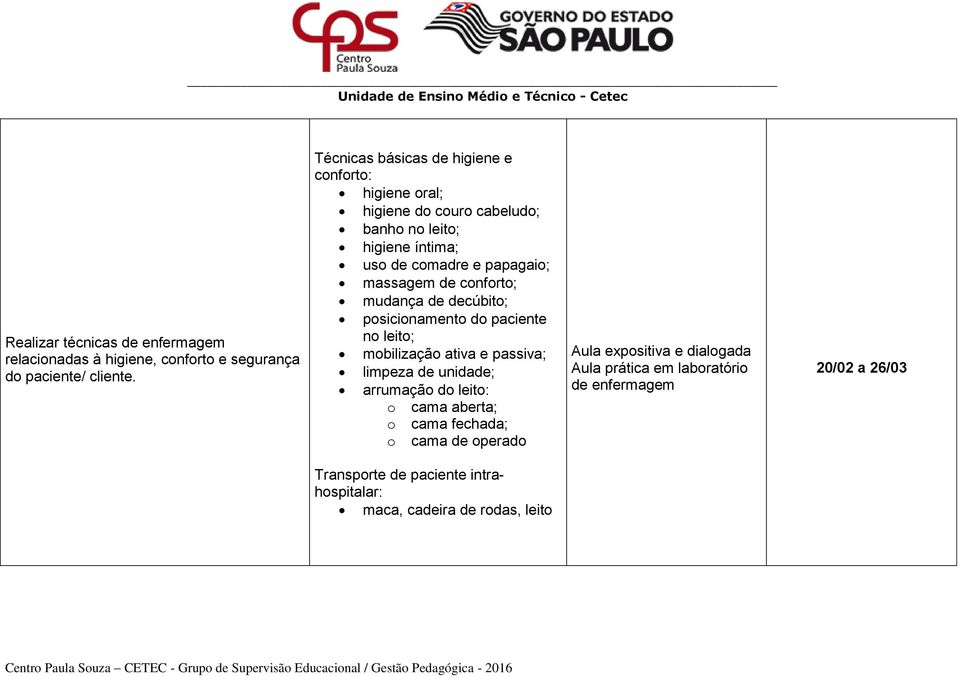 massagem de conforto; mudança de decúbito; posicionamento do paciente no leito; mobilização ativa e passiva; limpeza de unidade; arrumação do