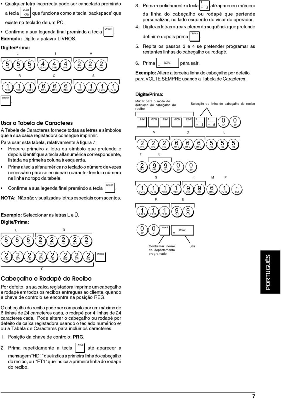 Digite as letras ou caracteres da sequência que pretende definir e depois prima. 5. Repita os passos 3 e 4 se pretender programar as restantes linhas do cabeçalho ou rodapé. 6. Prima para sair.