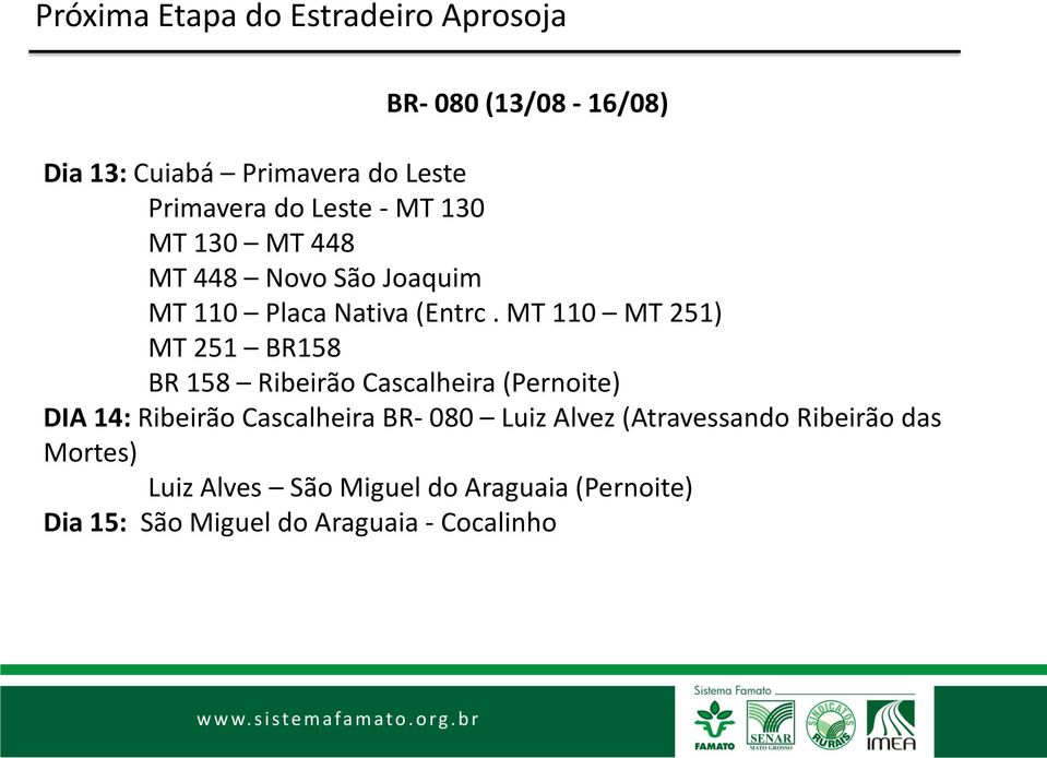 MT 110 MT 251) MT 251 BR158 BR 158 Ribeirão Cascalheira (Pernoite) DIA 14: Ribeirão Cascalheira BR- 080