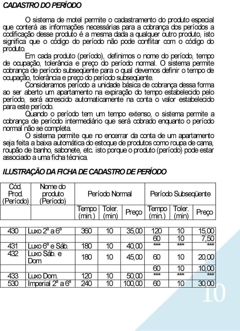 Em cada produto (período), definimos o nome do período, tempo de ocupação, tolerância e preço do período normal.