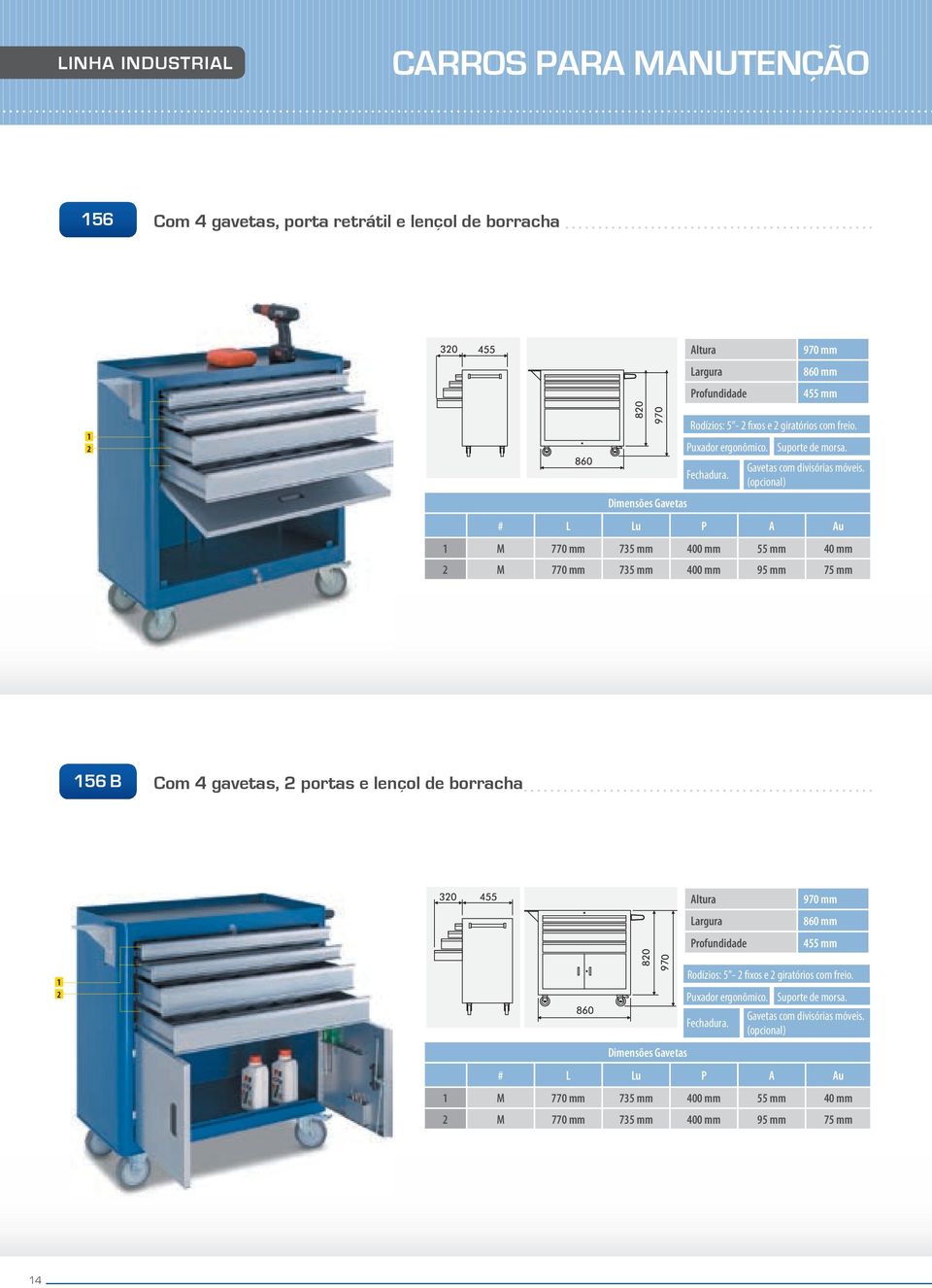 (opcional) M 770 mm 735 mm 400 mm 55 mm 40 mm M 770 mm 735 mm 400 mm 95 mm 75 mm 56 B Com 4 gavetas, portas e lençol de borracha 970 mm 860 mm