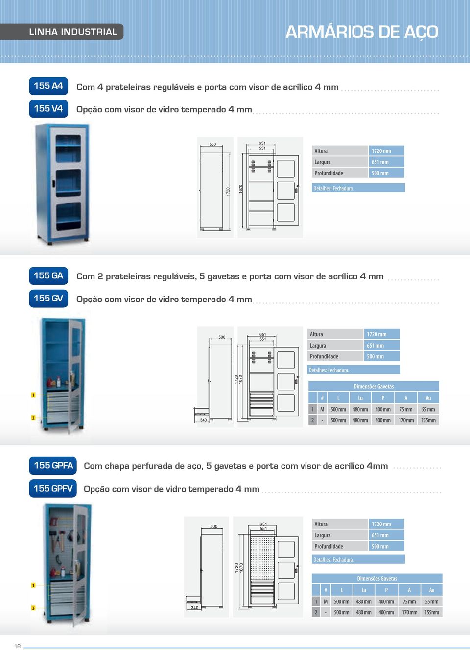 55 70 mm 65 mm Detalhes: 70 670 M 480 mm 400 mm 75 mm 55 mm 340-480 mm 400 mm 70 mm 55mm 55 GPFA 55 GPFV Com chapa perfurada de aço, 5 gavetas e porta com visor de