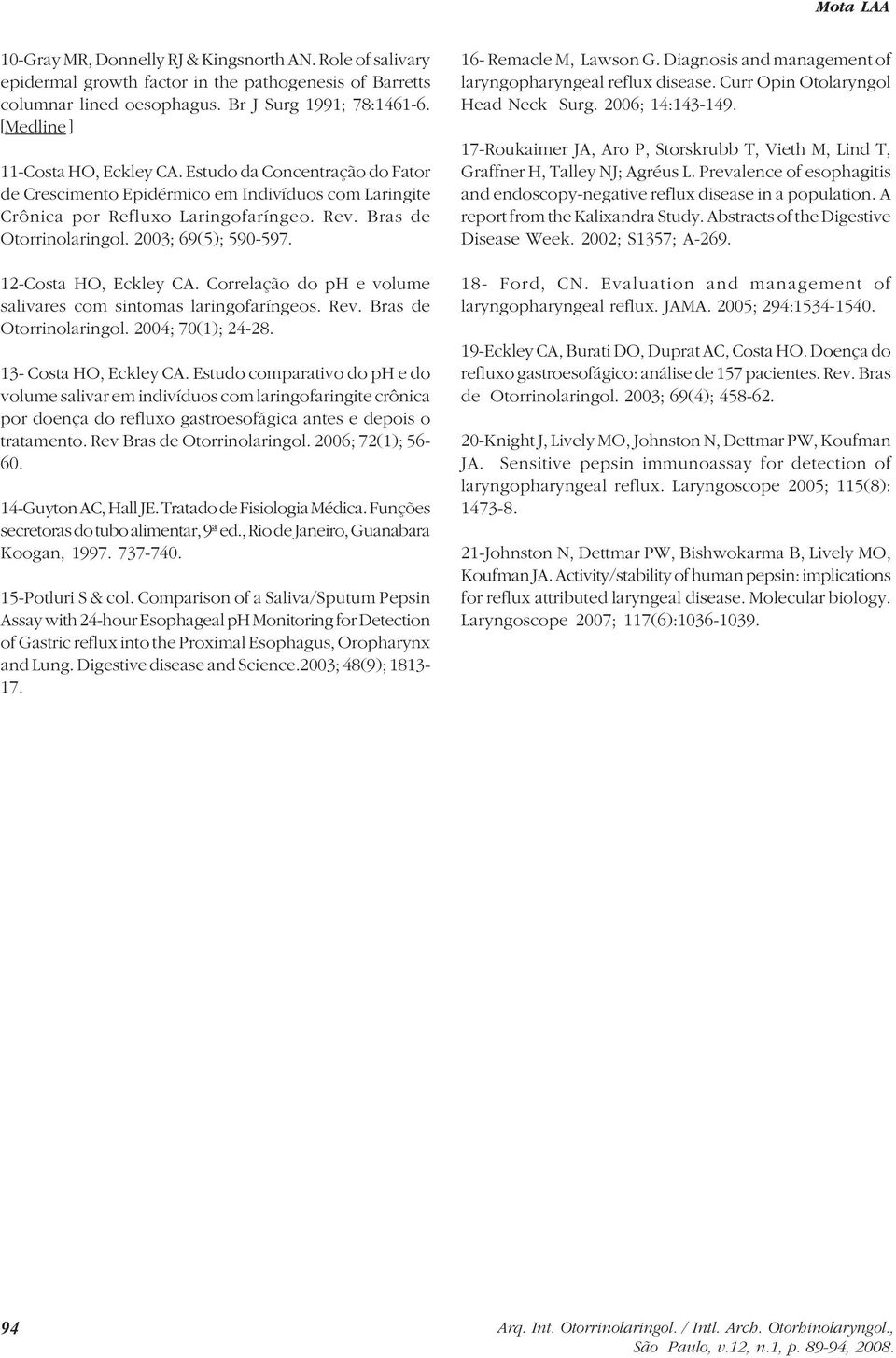 2003; 69(5); 590-597. 12-Costa HO, Eckley CA. Correlação do ph e volume salivares com sintomas laringofaríngeos. Rev. Bras de Otorrinolaringol. 2004; 70(1); 24-28. 13- Costa HO, Eckley CA.