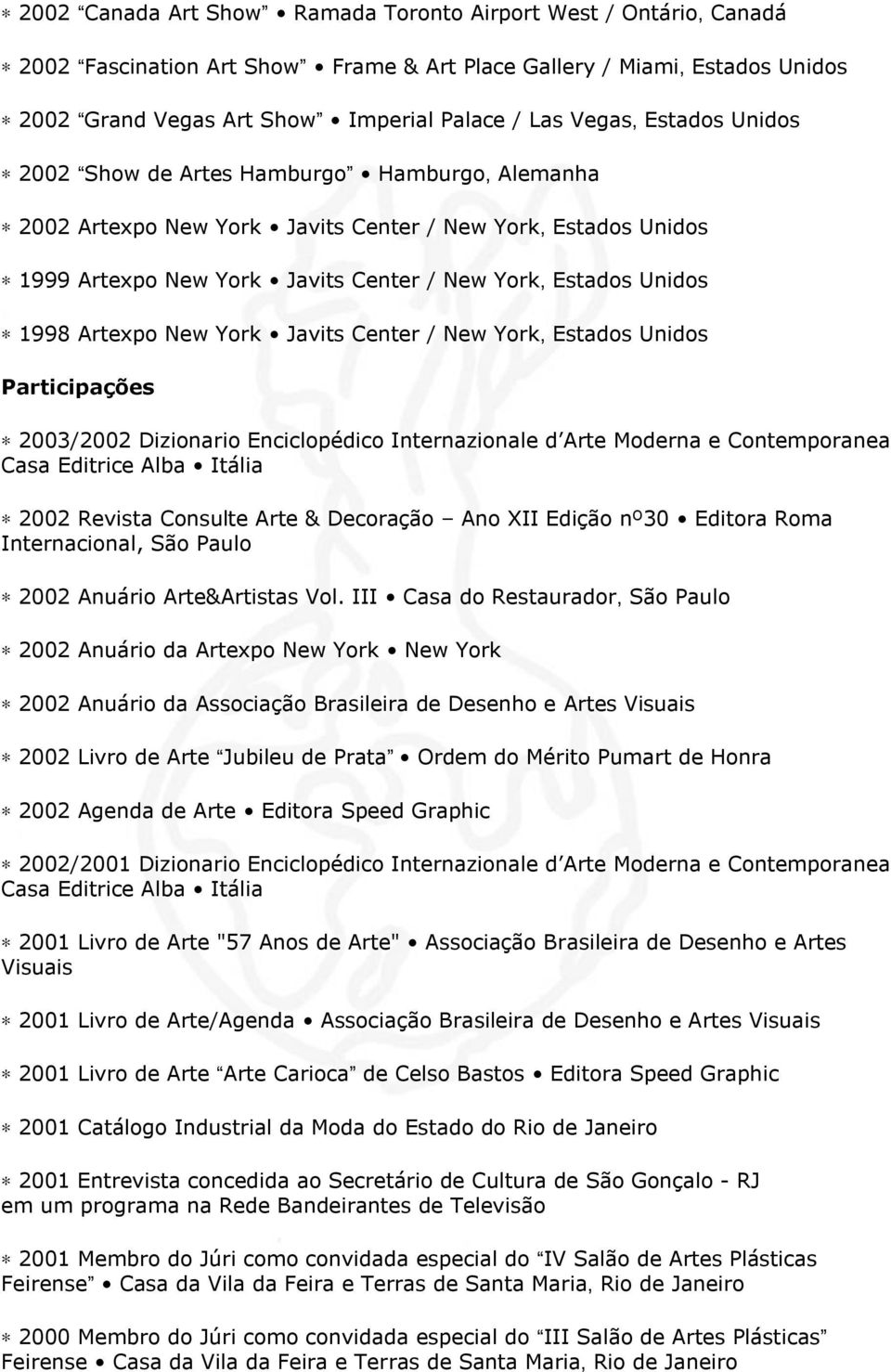 Artexpo New York Javits Center / New York, Estados Unidos Participações 2003/2002 Dizionario Enciclopédico Internazionale d Arte Moderna e Contemporanea Casa Editrice Alba Itália 2002 Revista