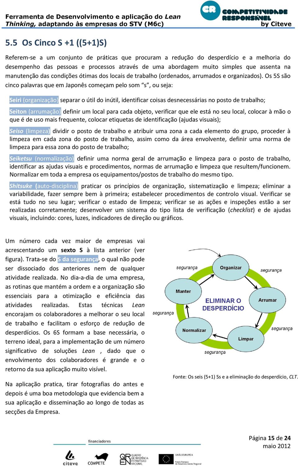 Os 5S são cinco palavras que em Japonês começam pelo som s, ou seja: Seiri (organização) separar o útil do inútil, identificar coisas desnecessárias no posto de trabalho; Seiton (arrumação) definir