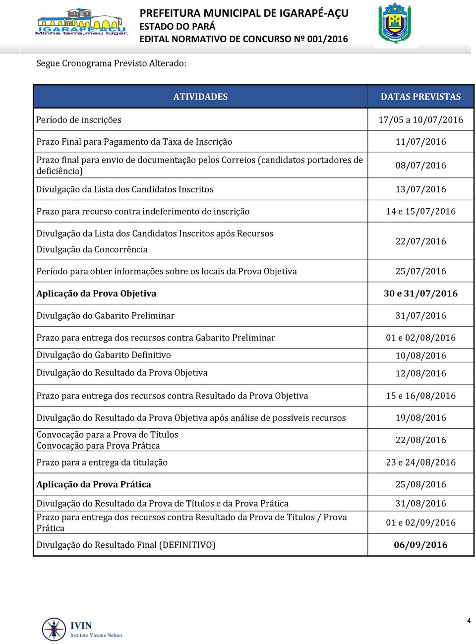 15/07/2016 Divulgação da Lista dos Candidatos Inscritos após Recursos Divulgação da Concorrência 22/07/2016 Período para obter informações sobre os locais da Prova Objetiva 25/07/2016 Aplicação da