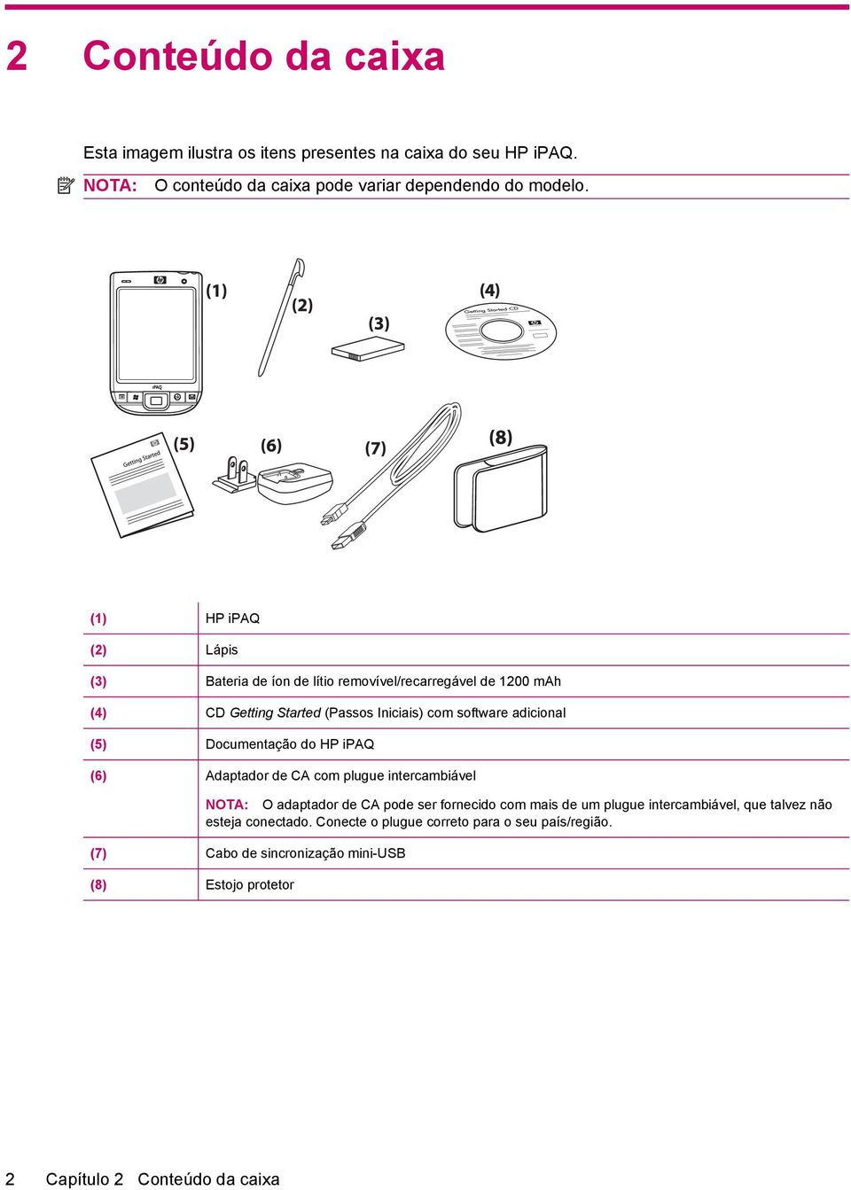 Documentação do HP ipaq (6) Adaptador de CA com plugue intercambiável NOTA: O adaptador de CA pode ser fornecido com mais de um plugue intercambiável,