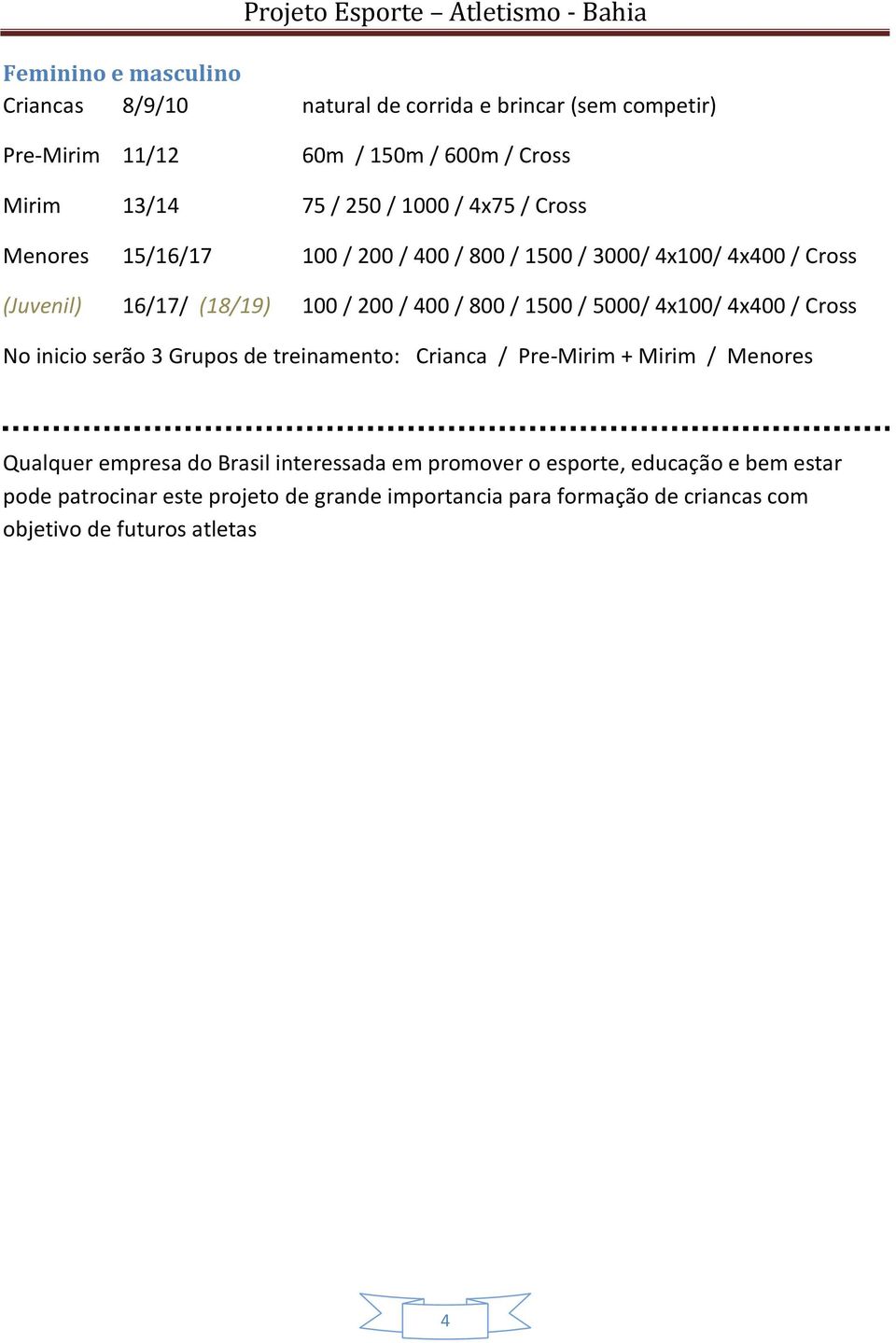 / 5000/ 4x100/ 4x400 / Cross No inicio serão 3 Grupos de treinamento: Crianca / Pre-Mirim + Mirim / Menores Qualquer empresa do Brasil interessada