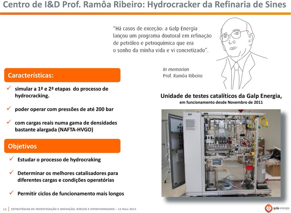 poder operar com pressões de até 200 bar Unidade de testes catalíticos da Galp Energia, em funcionamento desde Novembro de 2011