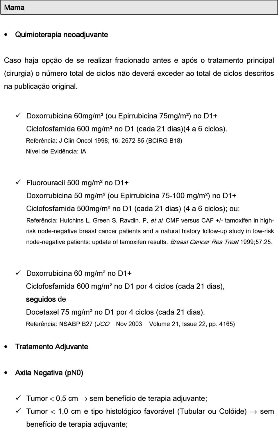 Referência: J Clin Oncol 1998; 16: 267285 (BCIRG B18) Nível de Evidência: IA Fluorouracil 500 mg/m² no D1+ Doxorrubicina 50 mg/m² (ou Epirrubicina 75100 mg/m²) no D1+ Ciclofosfamida 500mg/m² no D1