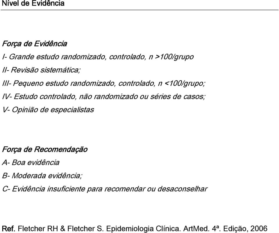 séries de casos; V Opinião de especialistas Força de Recomendação A Boa evidência B Moderada evidência; C