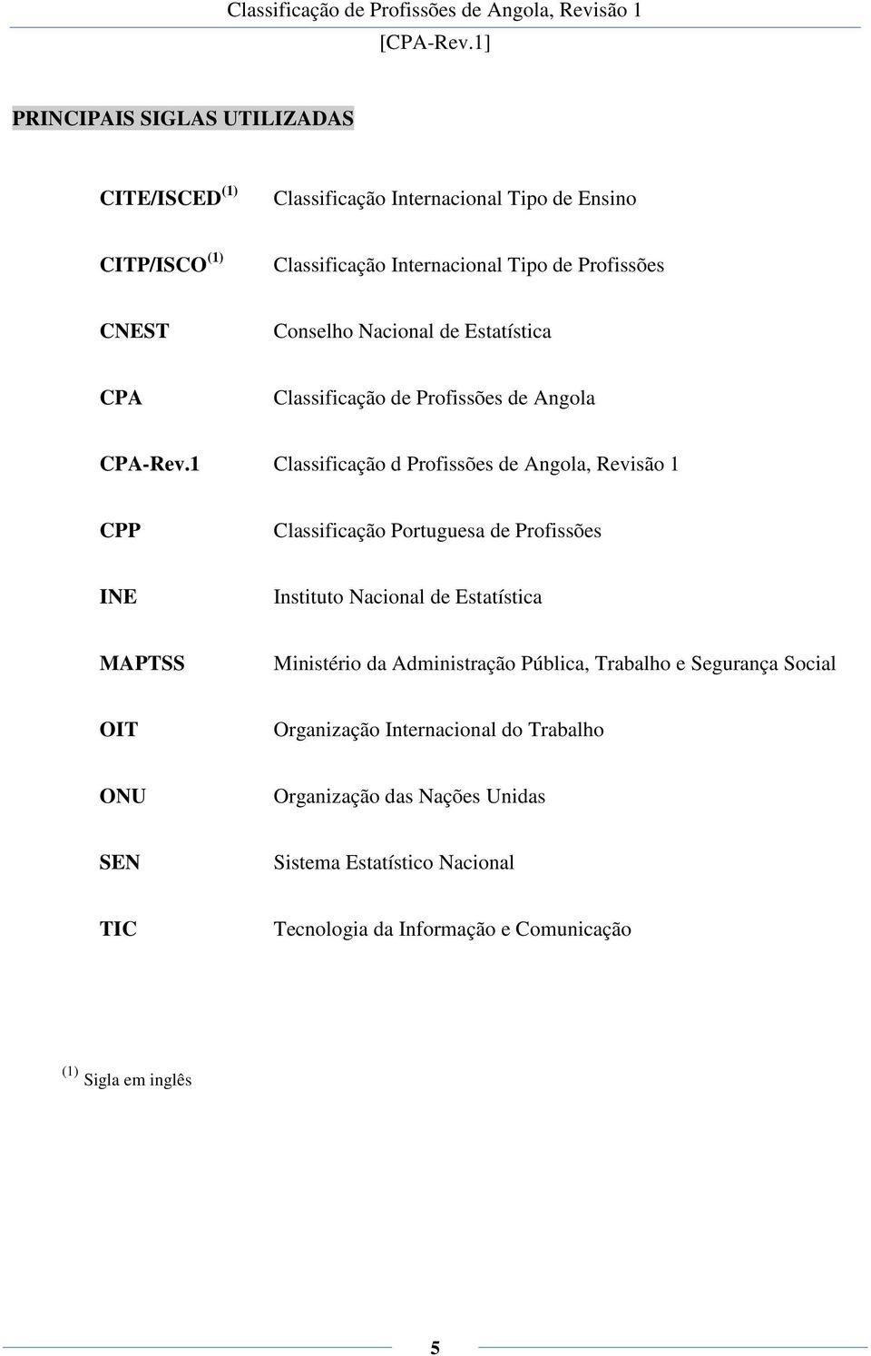 1 Classificação d Profissões de Angola, Revisão 1 CPP Classificação Portuguesa de Profissões INE Instituto Nacional de Estatística MAPTSS Ministério da Administração