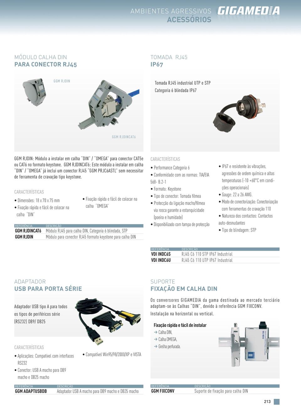 GGM RJDINCAT6: Este módulo a instalar em calha DIN / OMEGA já inclui um conector RJ45 GGM PRJC6ASTL sem necessitar de erramenta de cravação tipo keystone.