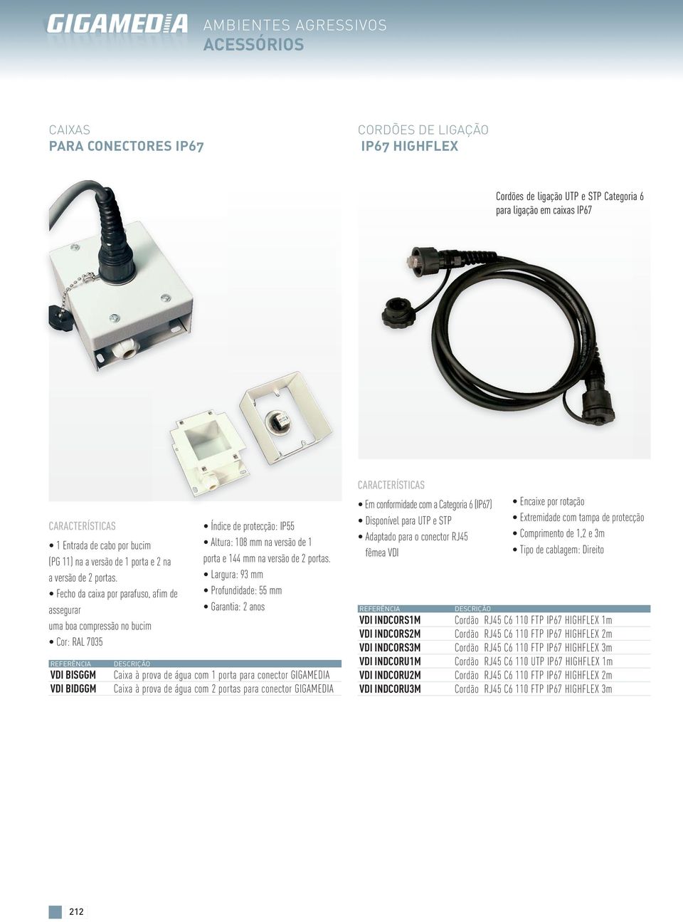 Fecho da caixa por parauso, aim de assegurar uma boa compressão no bucim Cor: RAL 7035 VDI BISGGM VDI BIDGGM Índice de protecção: IP55 Altura: 108 mm na versão de 1 porta e 144 mm na versão de 2