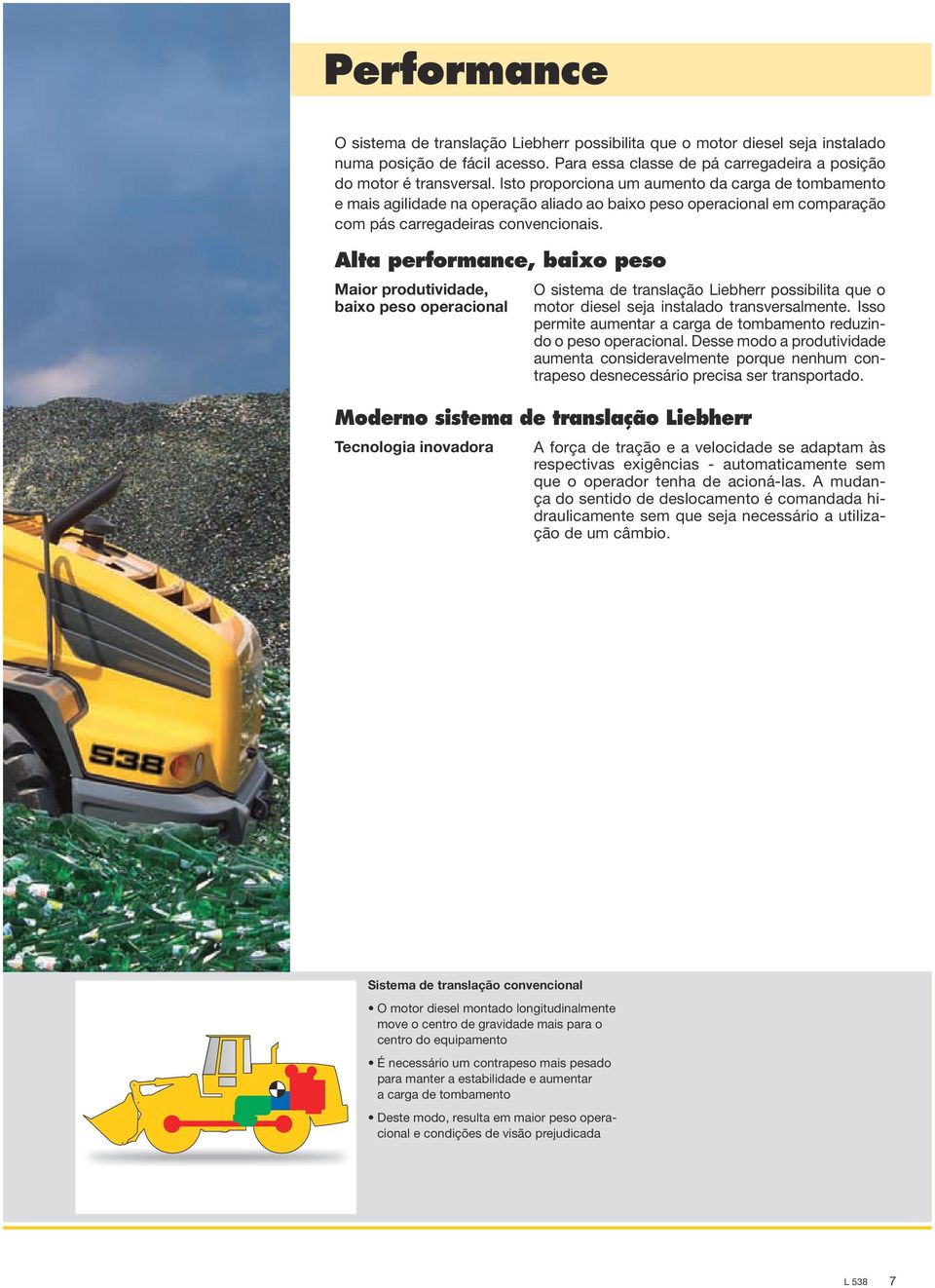 Alta performance, baixo peso Maior produtividade, baixo peso operacional O sistema de translação Liebherr possibilita que o motor diesel seja instalado transversalmente.