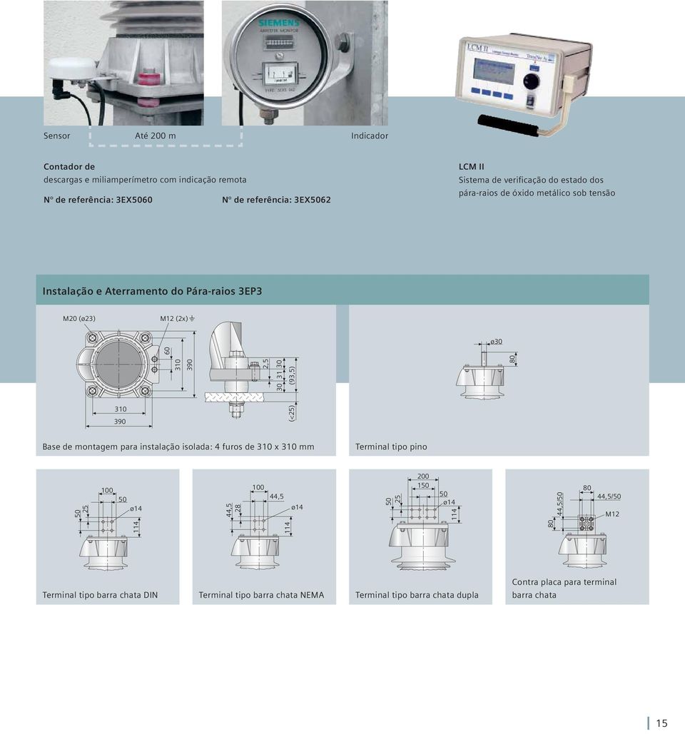 60 310 390 (<25) Base de montagem para instalação isolada: 4 furos de 310 x 310 mm Terminal tipo pino 25 50 100 50 ø14 28 44,5 100 44,5 ø14 50 25 114 200 150 50