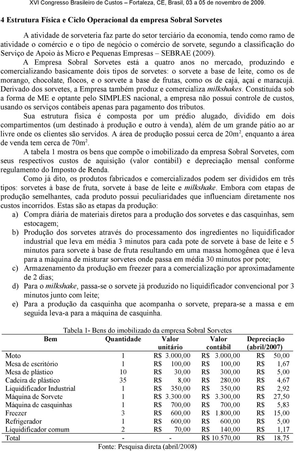 A Empresa Sobral Sorvetes está a quatro anos no mercado, produzindo e comercializando basicamente dois tipos de sorvetes: o sorvete a base de leite, como os de morango, chocolate, flocos, e o sorvete