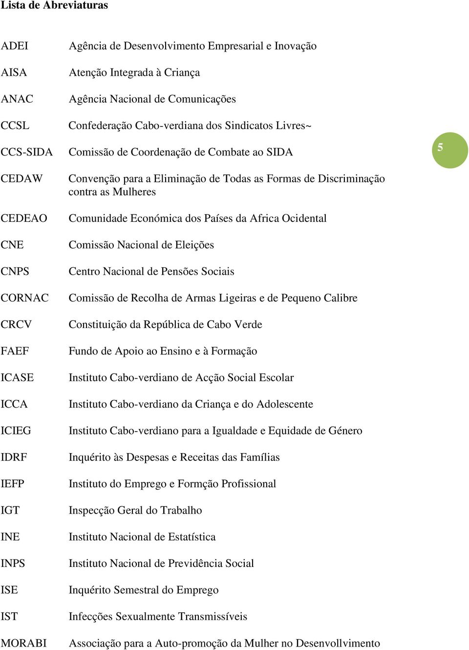 Formas de Discriminação contra as Mulheres Comunidade Económica dos Países da Africa Ocidental Comissão Nacional de Eleições Centro Nacional de Pensões Sociais Comissão de Recolha de Armas Ligeiras e