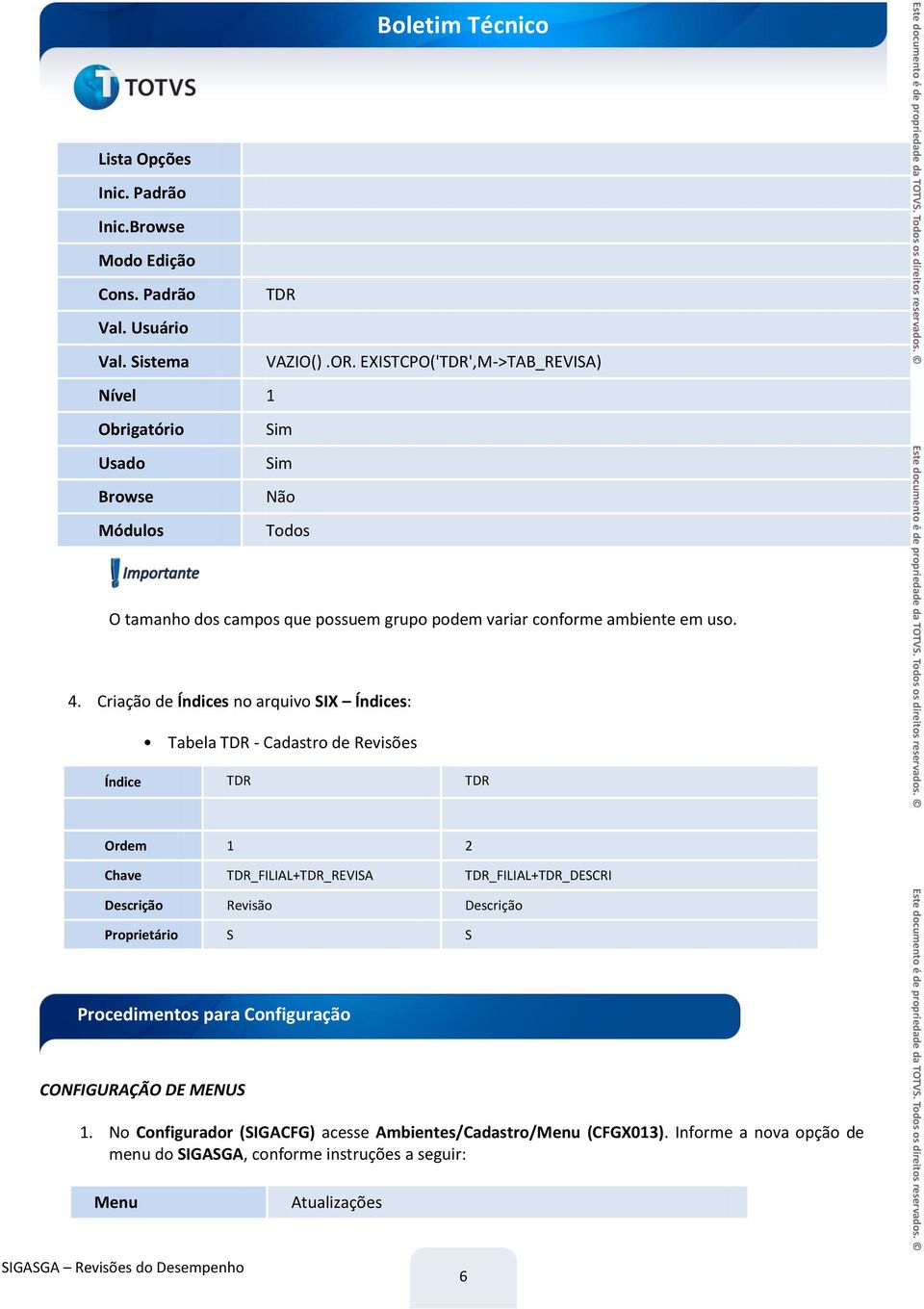 Criação de Índices no arquivo SIX Índices: Tabela TDR - Cadastro de Revisões Índice TDR TDR Ordem 1 2 Chave TDR_FILIAL+TDR_REVISA TDR_FILIAL+TDR_DESCRI Descrição Revisão