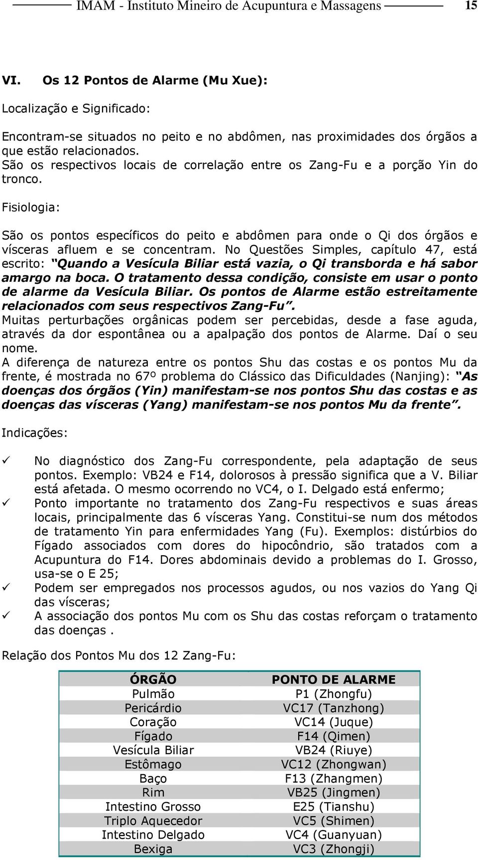 São os respectivos locais de correlação entre os Zang-Fu e a porção Yin do tronco. Fisiologia: São os pontos específicos do peito e abdômen para onde o Qi dos órgãos e vísceras afluem e se concentram.