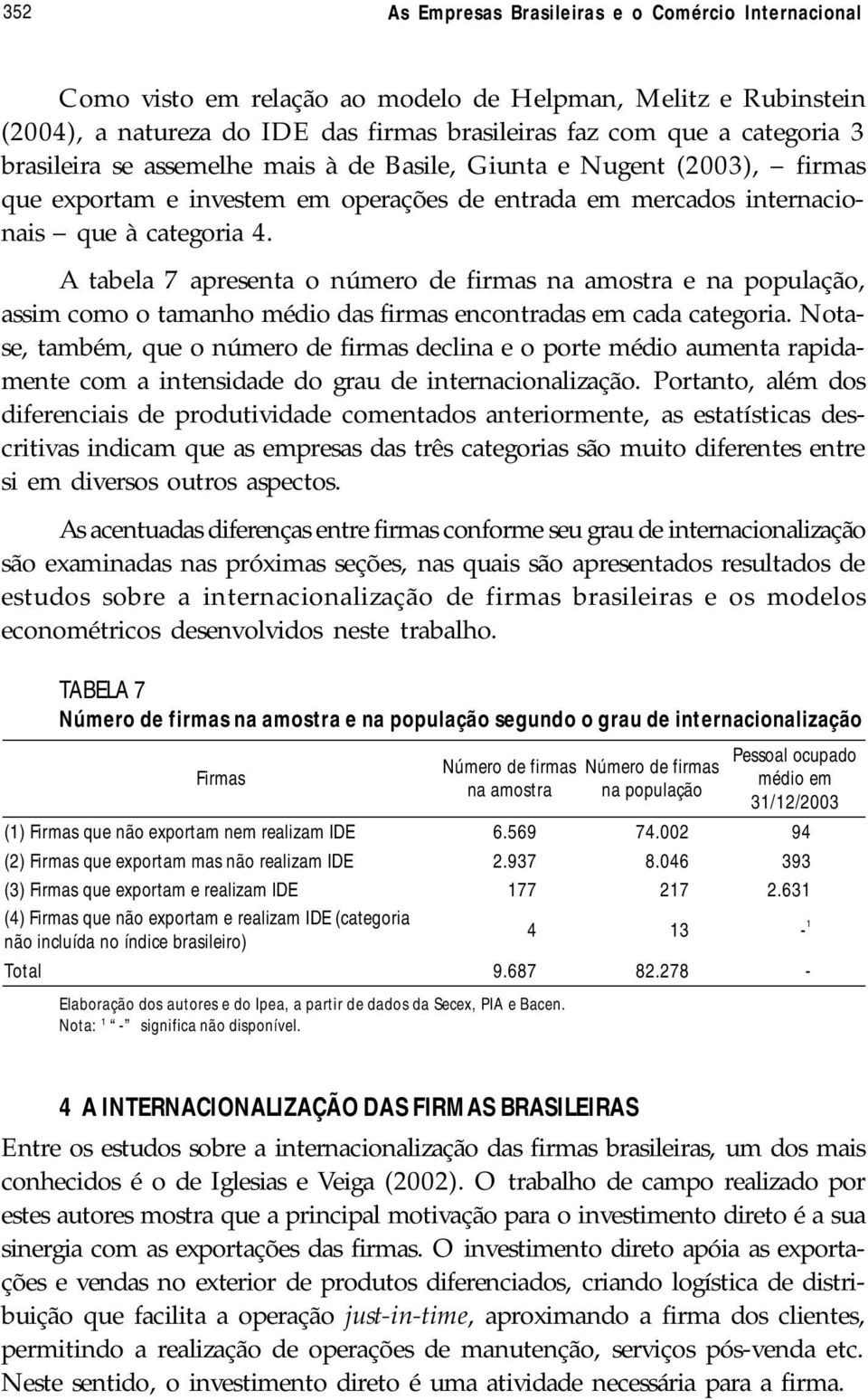 A tabela 7 apresenta o número de firmas na amostra e na população, assim como o tamanho médio das firmas encontradas em cada categoria.