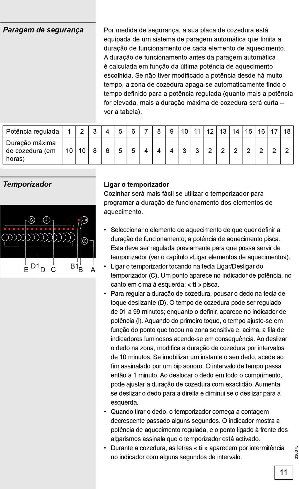 Se não tiver modifi cado a potência desde há muito tempo, a zona de cozedura apaga-se automaticamente findo o tempo definido para a potência regulada (quanto mais a potência for elevada, mais a